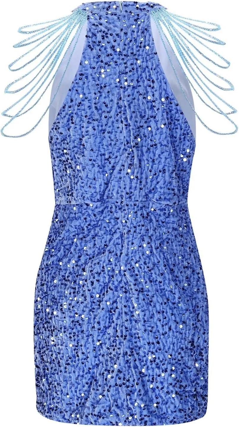 Womens Sequin Dress Hot Drilling Tassel Mini Dress Cocktail Party Dress Sexy Club Night Dress Wrap Hip Dresses
