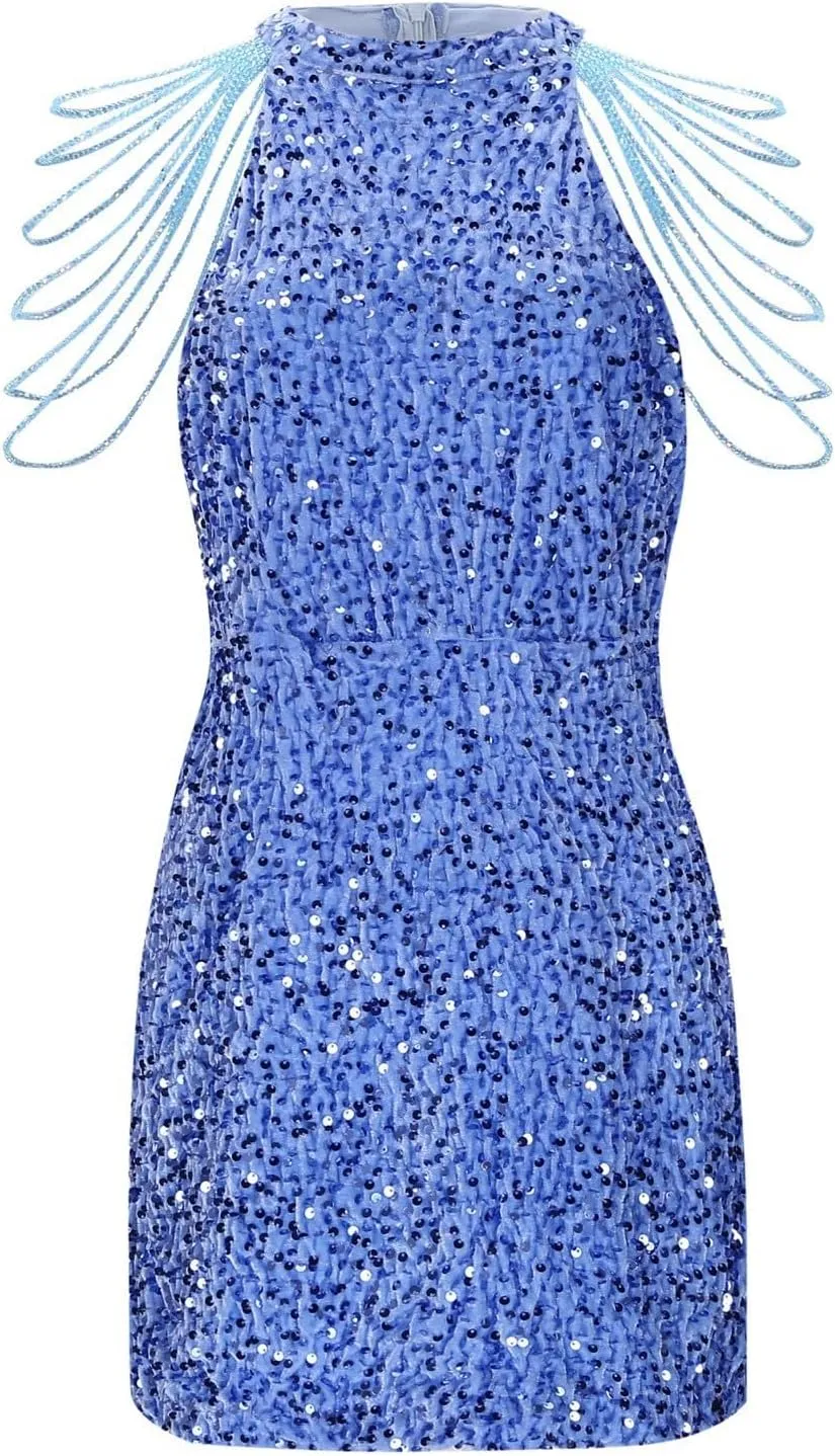 Womens Sequin Dress Hot Drilling Tassel Mini Dress Cocktail Party Dress Sexy Club Night Dress Wrap Hip Dresses