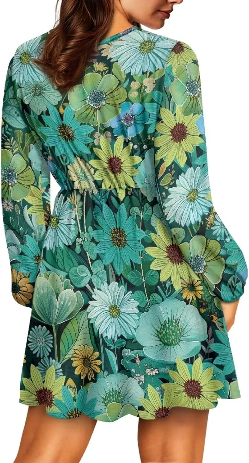 Womens Sexy Long Sleeve V Neck Dress Casual Mini Dress Skater Dresses