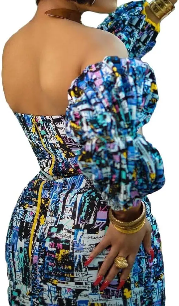 Women's Sexy Off Shoulder Bodycon Lantern Sleeve Front Hook Midi Party Dress