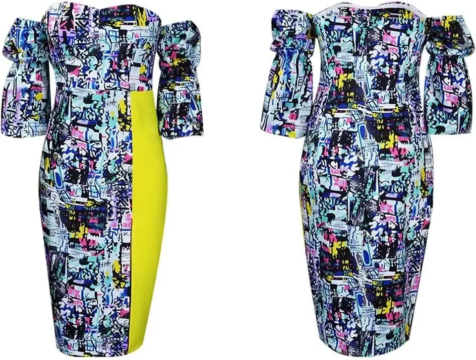 Women's Sexy Off Shoulder Bodycon Lantern Sleeve Front Hook Midi Party Dress