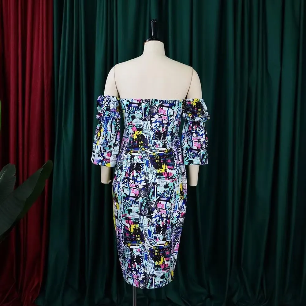 Women's Sexy Off Shoulder Bodycon Lantern Sleeve Front Hook Midi Party Dress