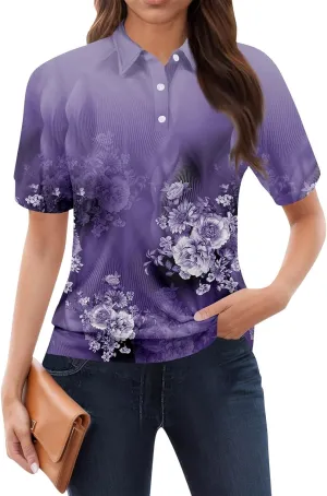 Womens Short Sleeve Tops Spring Button Down Polo Neck Shirts Lightweight Blouses Floral Print Outfits