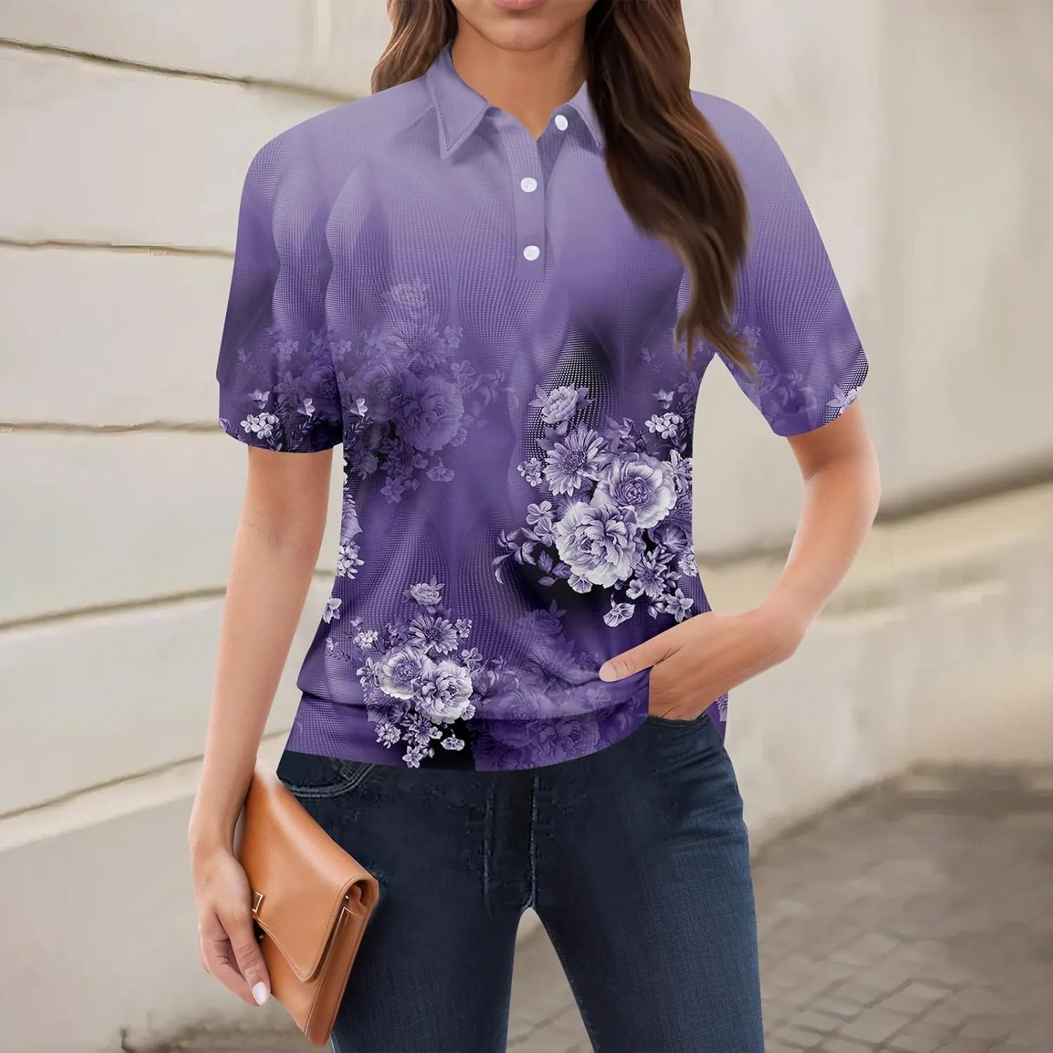 Womens Short Sleeve Tops Spring Button Down Polo Neck Shirts Lightweight Blouses Floral Print Outfits