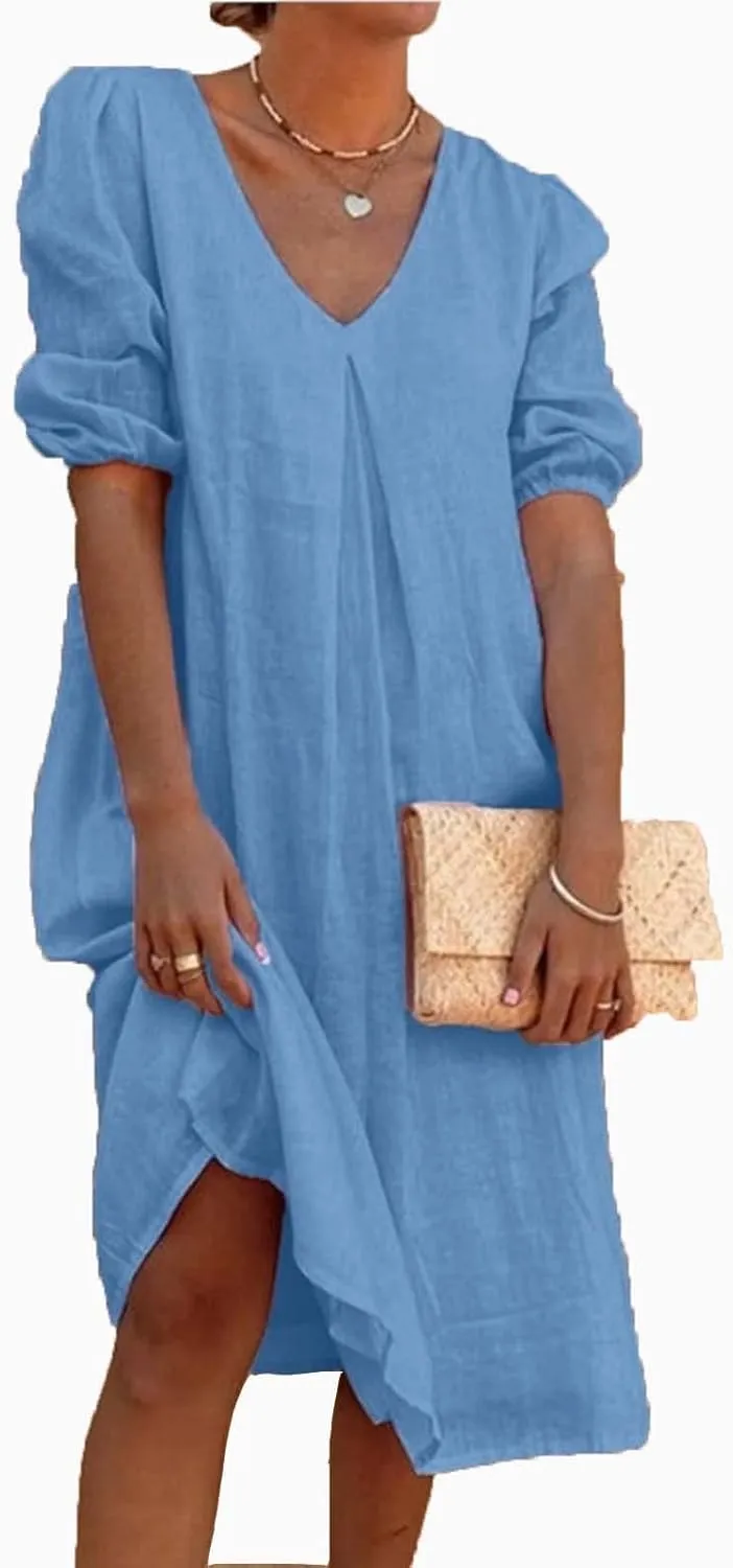 Women's Spring Summer Dress 2025 Puff Short Sleeve V Neck Midi Dresses Casual Comfort Cotton Linen Lightweight Dress