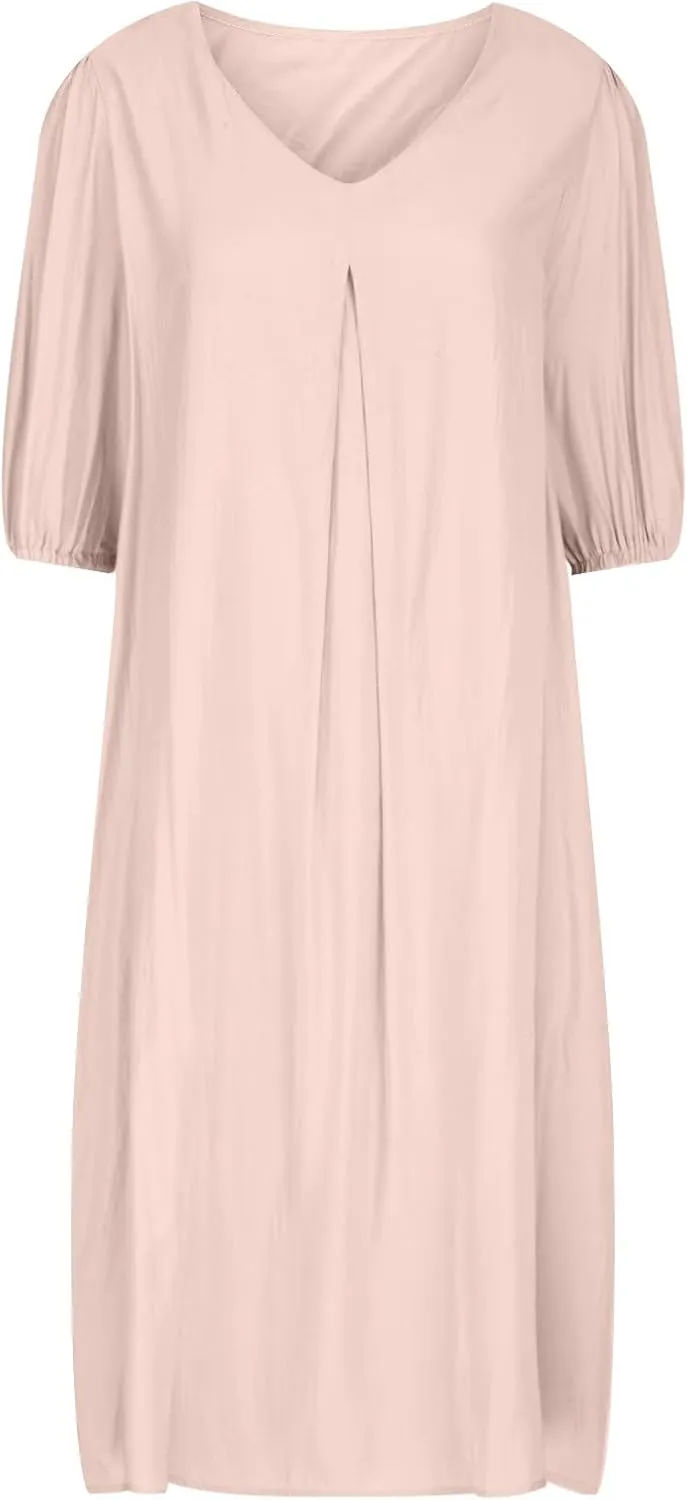 Women's Spring Summer Dress 2025 Puff Short Sleeve V Neck Midi Dresses Casual Comfort Cotton Linen Lightweight Dress