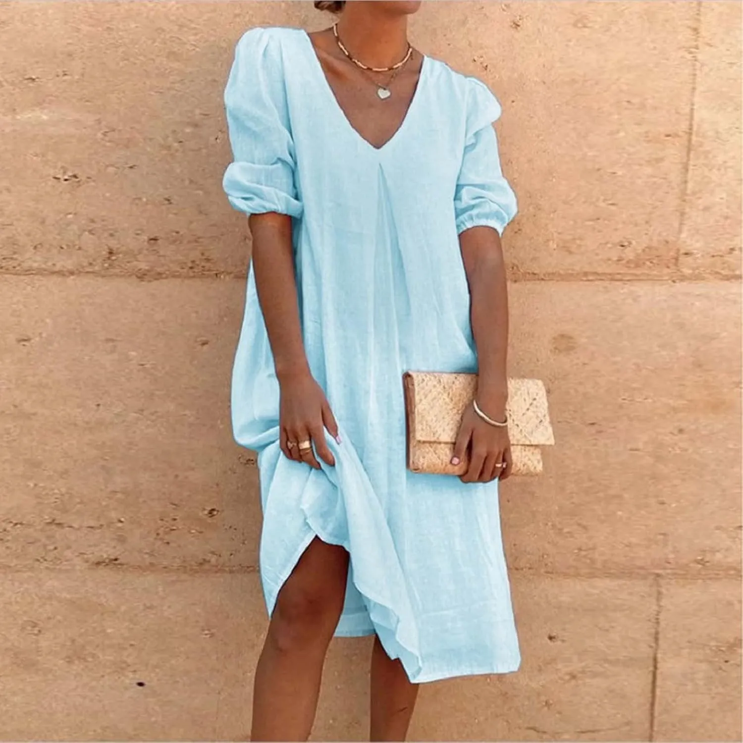 Women's Spring Summer Dress 2025 Puff Short Sleeve V Neck Midi Dresses Casual Comfort Cotton Linen Lightweight Dress