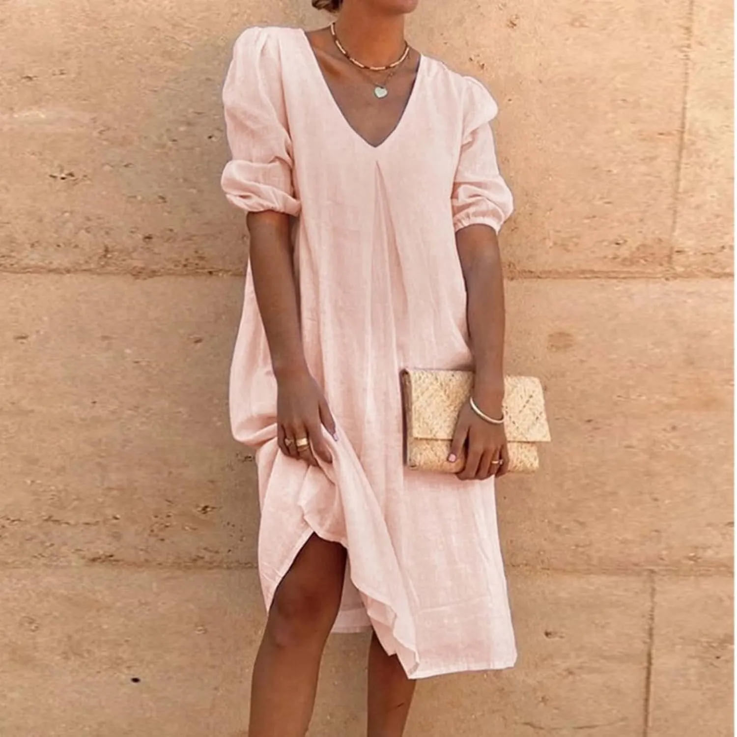 Women's Spring Summer Dress 2025 Puff Short Sleeve V Neck Midi Dresses Casual Comfort Cotton Linen Lightweight Dress