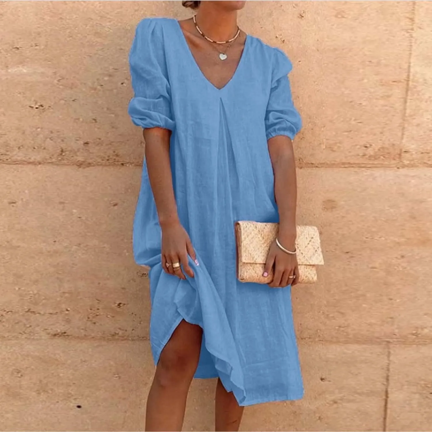 Women's Spring Summer Dress 2025 Puff Short Sleeve V Neck Midi Dresses Casual Comfort Cotton Linen Lightweight Dress