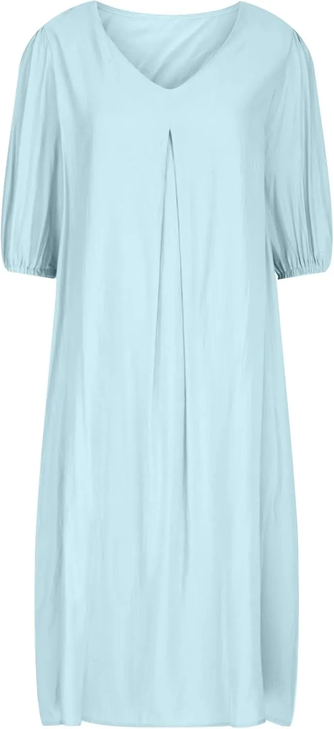 Women's Spring Summer Dress 2025 Puff Short Sleeve V Neck Midi Dresses Casual Comfort Cotton Linen Lightweight Dress