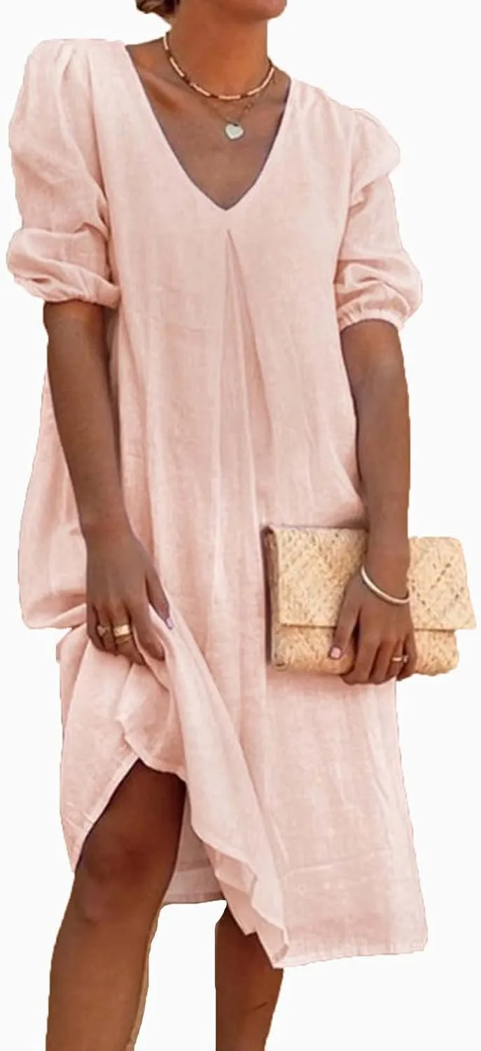 Women's Spring Summer Dress 2025 Puff Short Sleeve V Neck Midi Dresses Casual Comfort Cotton Linen Lightweight Dress