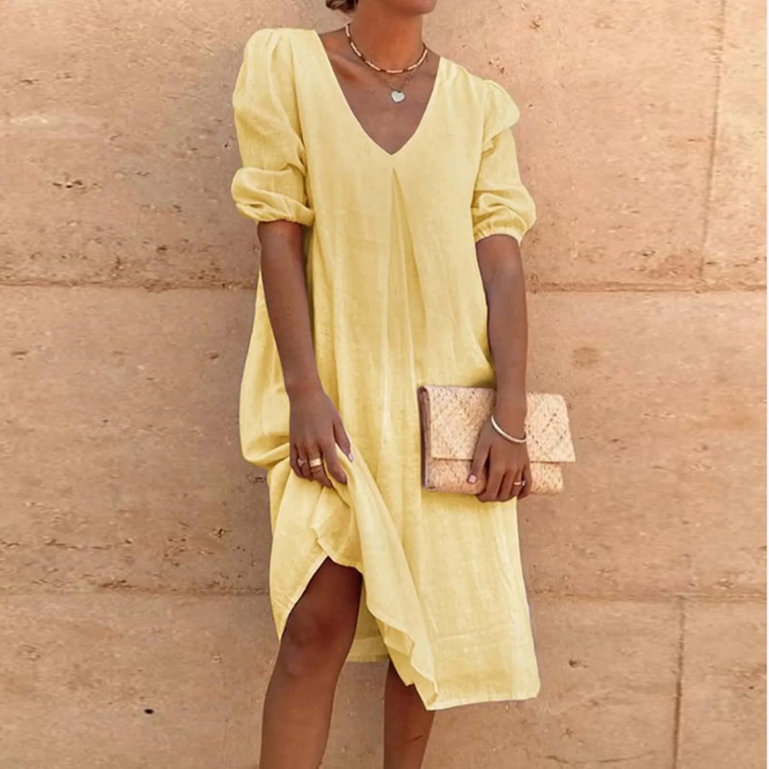 Women's Spring Summer Dress 2025 Puff Short Sleeve V Neck Midi Dresses Casual Comfort Cotton Linen Lightweight Dress
