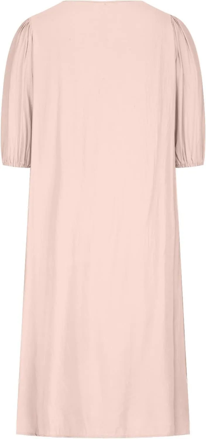 Women's Spring Summer Dress 2025 Puff Short Sleeve V Neck Midi Dresses Casual Comfort Cotton Linen Lightweight Dress