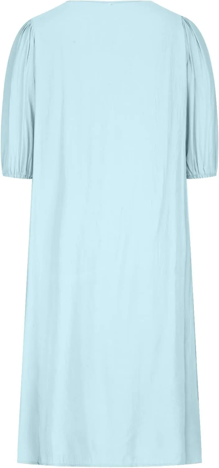 Women's Spring Summer Dress 2025 Puff Short Sleeve V Neck Midi Dresses Casual Comfort Cotton Linen Lightweight Dress