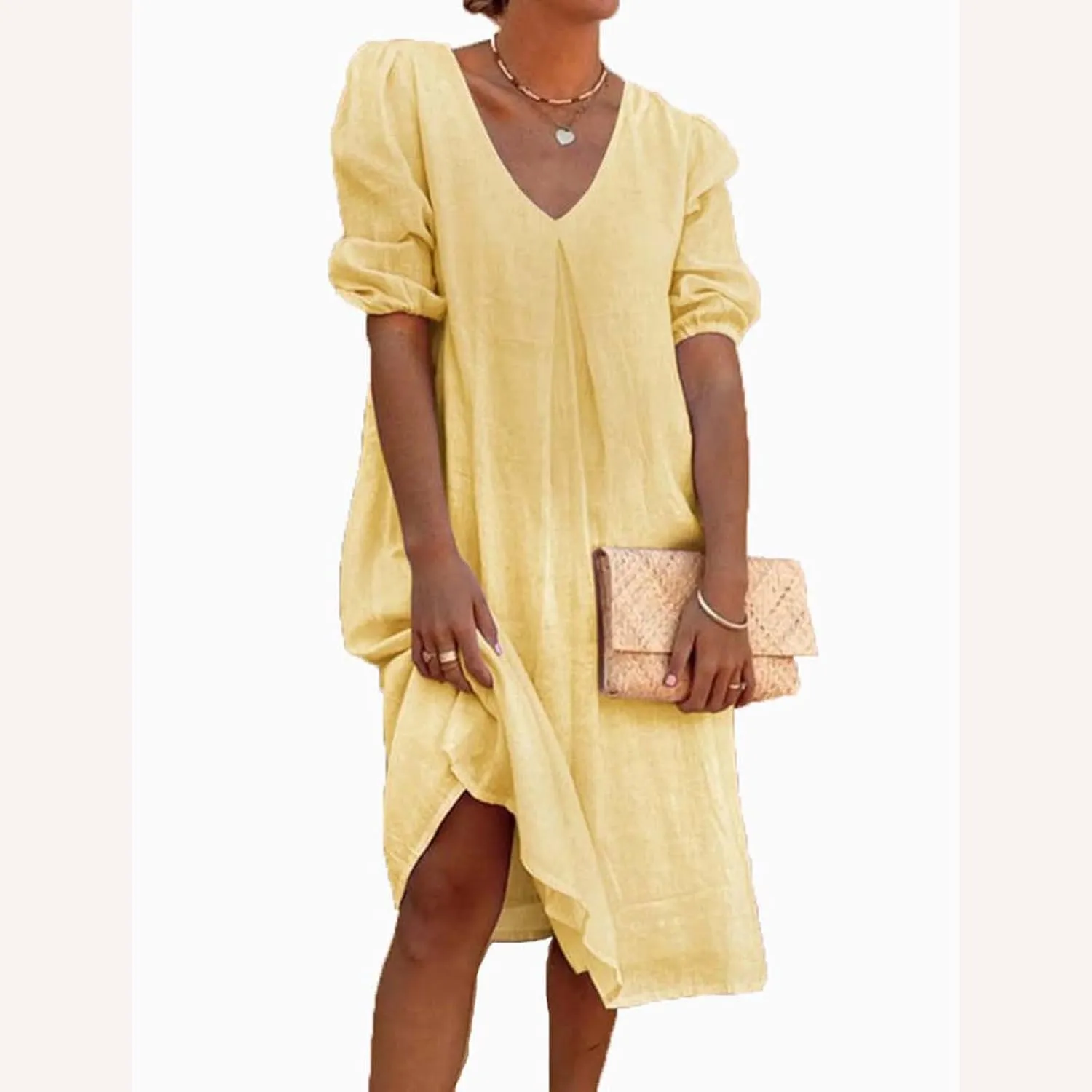 Women's Spring Summer Dress 2025 Puff Short Sleeve V Neck Midi Dresses Casual Comfort Cotton Linen Lightweight Dress