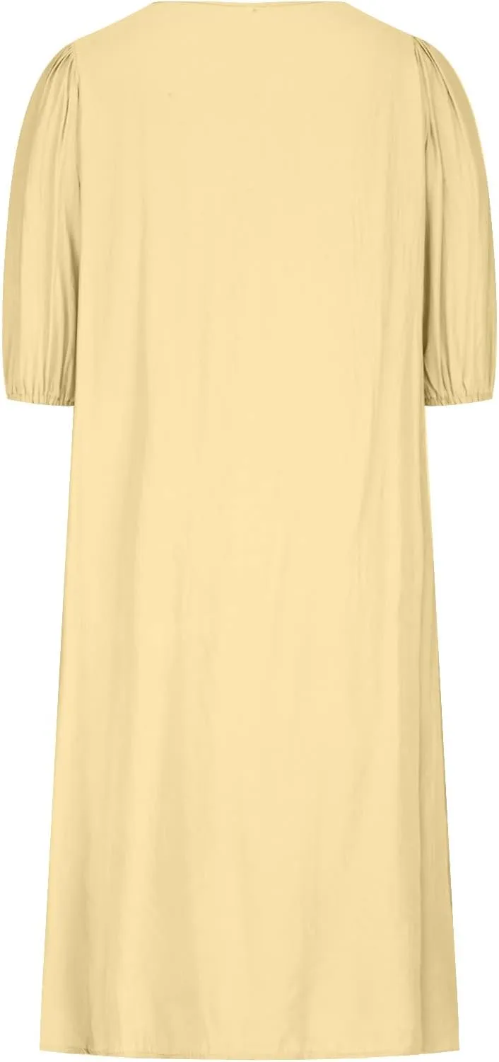 Women's Spring Summer Dress 2025 Puff Short Sleeve V Neck Midi Dresses Casual Comfort Cotton Linen Lightweight Dress