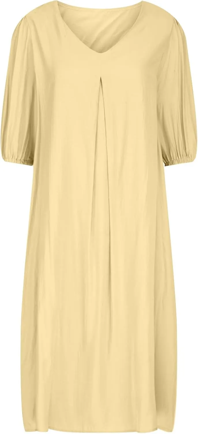 Women's Spring Summer Dress 2025 Puff Short Sleeve V Neck Midi Dresses Casual Comfort Cotton Linen Lightweight Dress