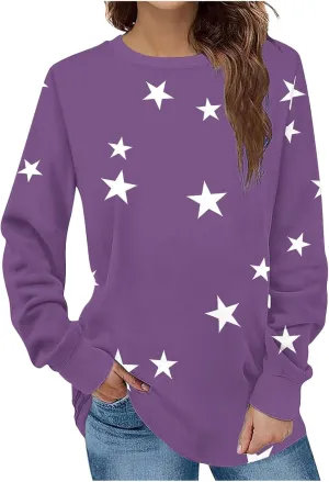 Women's Star Crewneck Sweatshirt Casual Long Sleeve Pullover Loose Comfy Sweater Fall Oversized Top Leisure Resort
