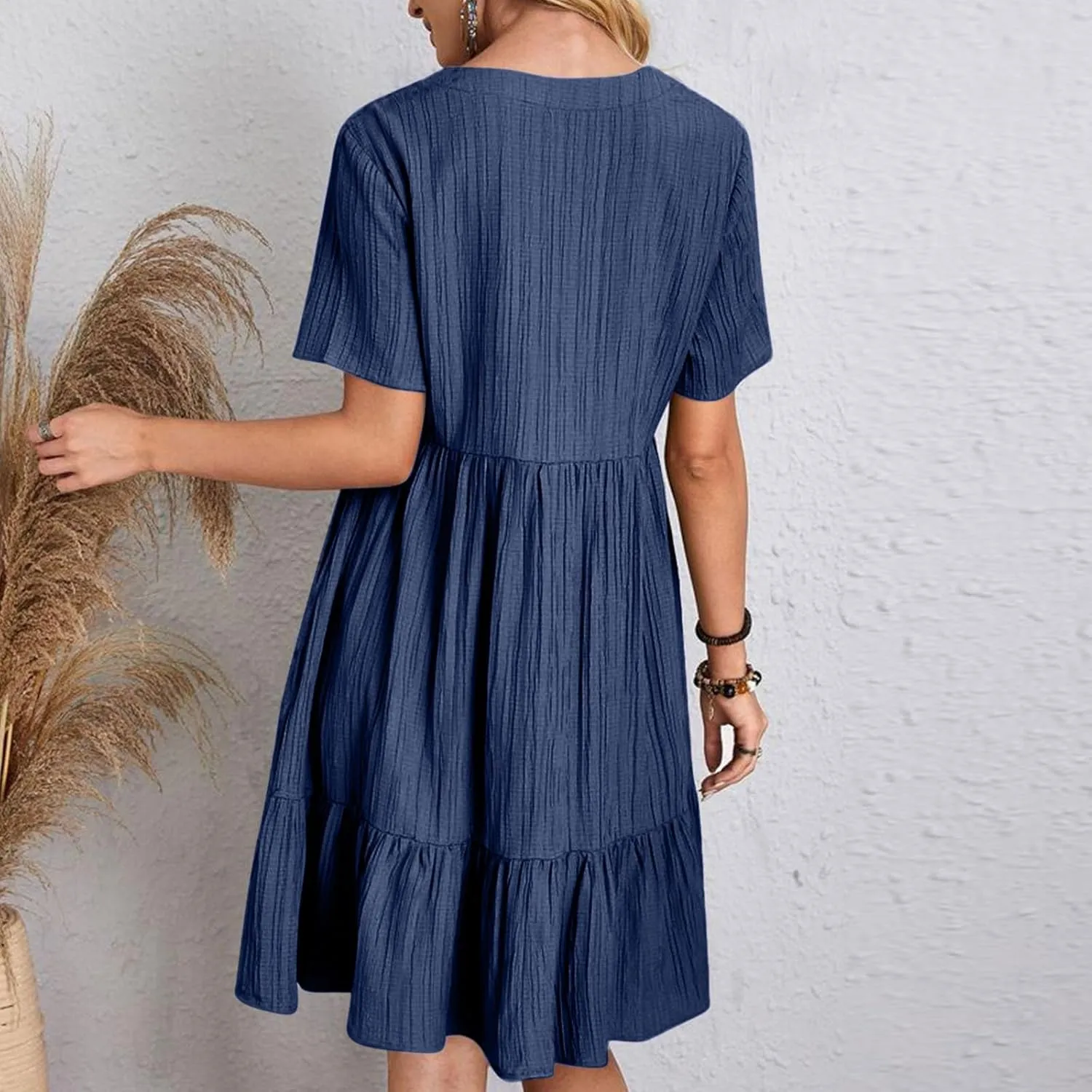 Womens Summer Casual Dresses Loose Short Sleeve V Neck T Shirt Dress 2025 Midi Dress Pleated Swing Beach Sundress