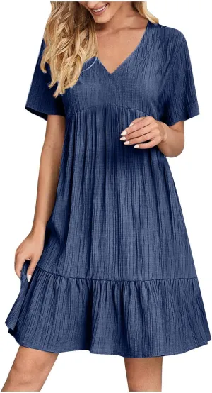 Womens Summer Casual Dresses Loose Short Sleeve V Neck T Shirt Dress 2025 Midi Dress Pleated Swing Beach Sundress