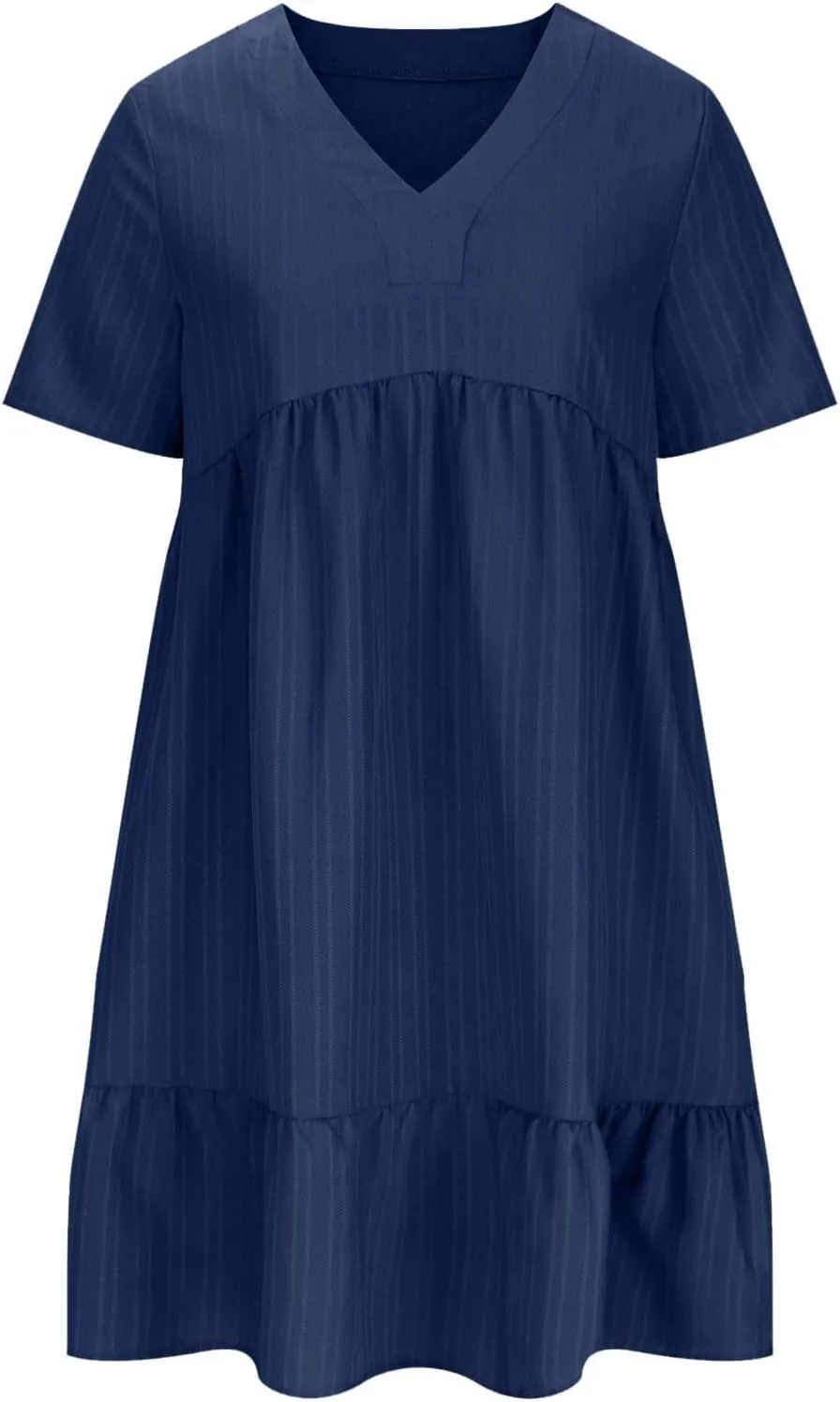 Womens Summer Casual Dresses Loose Short Sleeve V Neck T Shirt Dress 2025 Midi Dress Pleated Swing Beach Sundress