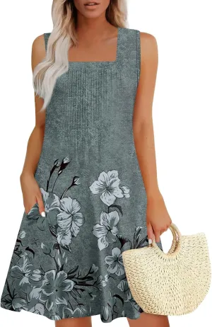 Womens Summer Dresses 2025 Pleated Square Neck Sleeveless Boho Sundresses Casual Hawaiian Beach Vacation Tank Dress
