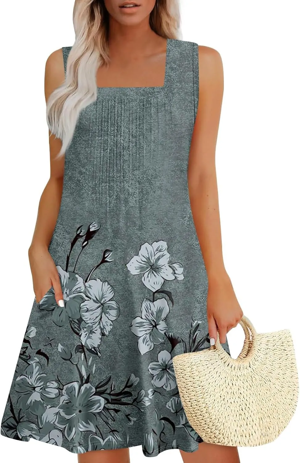 Womens Summer Dresses 2025 Pleated Square Neck Sleeveless Boho Sundresses Casual Hawaiian Beach Vacation Tank Dress