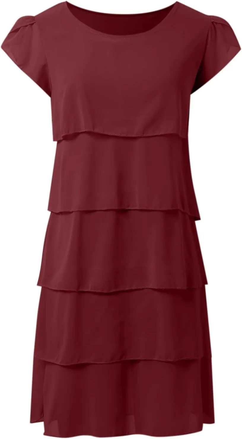 Womens Summer Dresses Casual Layered Ruffles Round Neck Elegant Floral Print Evening Dress Short Sleeve Mini Dress