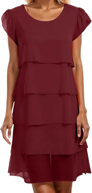 Womens Summer Dresses Casual Layered Ruffles Round Neck Elegant Floral Print Evening Dress Short Sleeve Mini Dress
