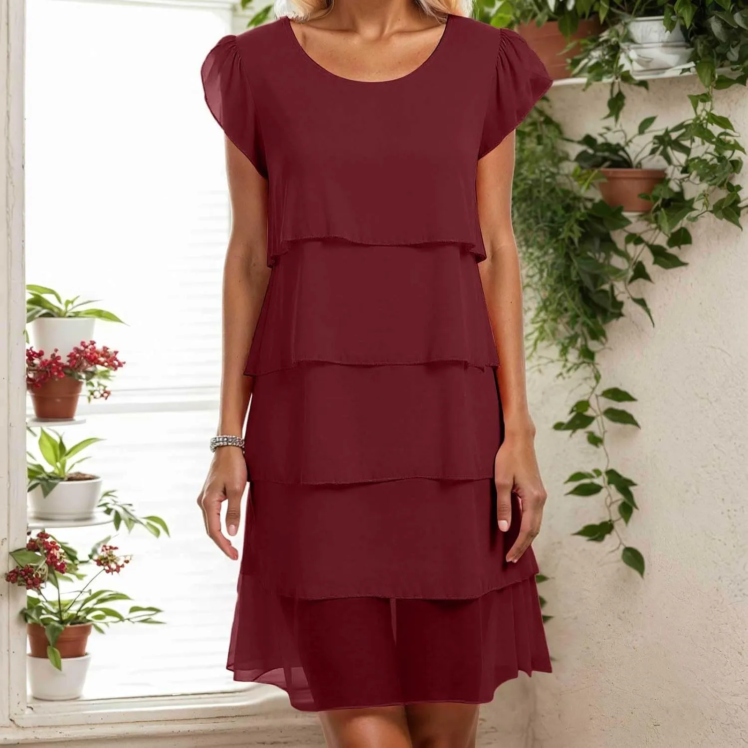 Womens Summer Dresses Casual Layered Ruffles Round Neck Elegant Floral Print Evening Dress Short Sleeve Mini Dress