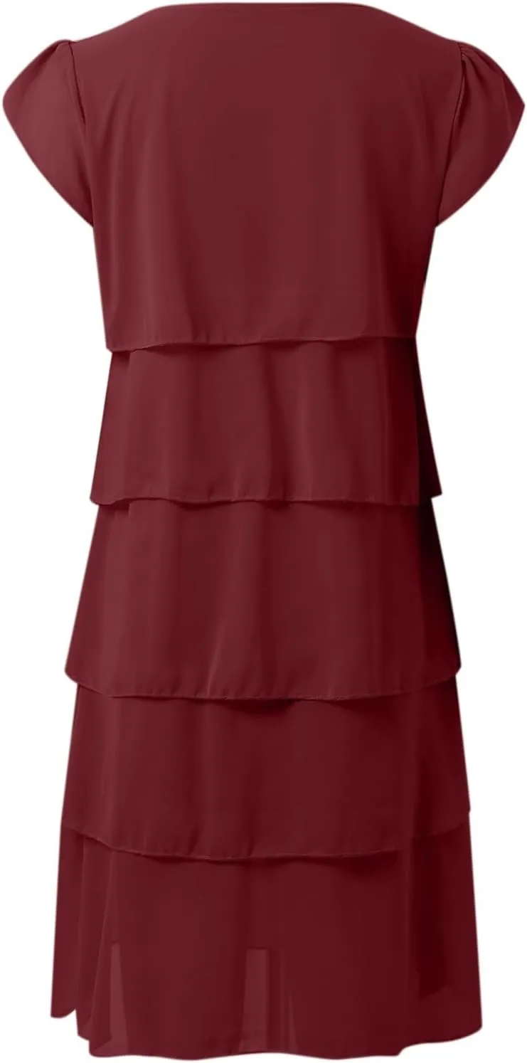 Womens Summer Dresses Casual Layered Ruffles Round Neck Elegant Floral Print Evening Dress Short Sleeve Mini Dress