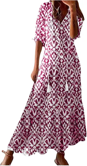 Womens Summer Dresses Short Sleeve Boho Graphic Print Maxi Dresses Loose Casual Flowy Beach Sundresses