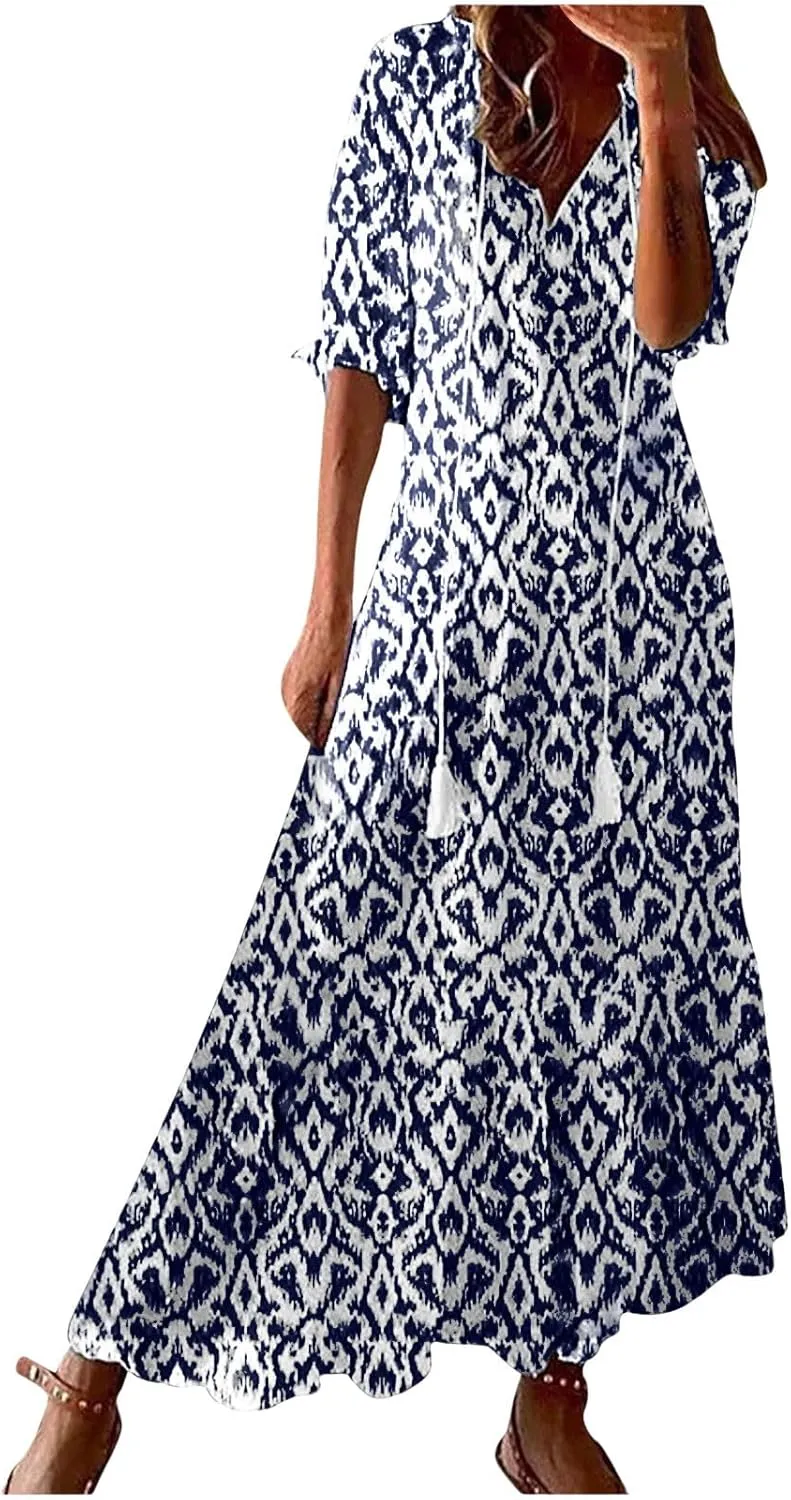 Womens Summer Dresses Short Sleeve Boho Graphic Print Maxi Dresses Loose Casual Flowy Beach Sundresses