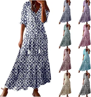 Womens Summer Dresses Short Sleeve Boho Graphic Print Maxi Dresses Loose Casual Flowy Beach Sundresses