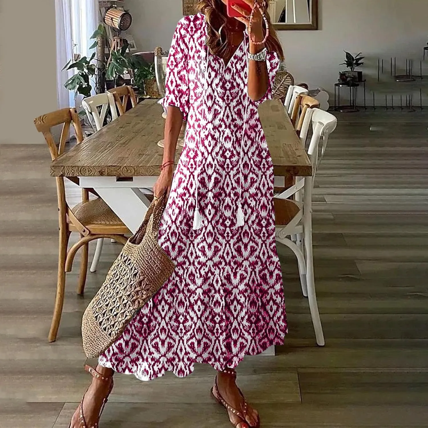 Womens Summer Dresses Short Sleeve Boho Graphic Print Maxi Dresses Loose Casual Flowy Beach Sundresses