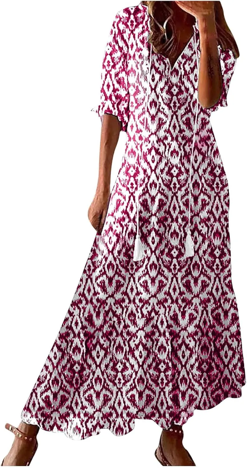 Womens Summer Dresses Short Sleeve Boho Graphic Print Maxi Dresses Loose Casual Flowy Beach Sundresses