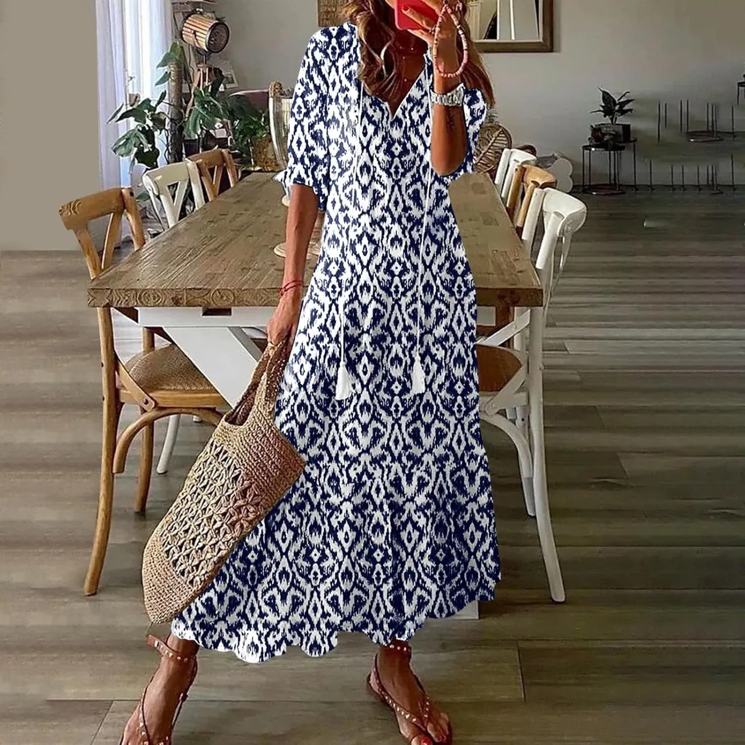 Womens Summer Dresses Short Sleeve Boho Graphic Print Maxi Dresses Loose Casual Flowy Beach Sundresses