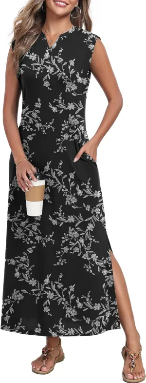 Women's Summer Slit Maxi Dress Casual V Neck Loose Long Dresses with Pockets(XS-3XL)