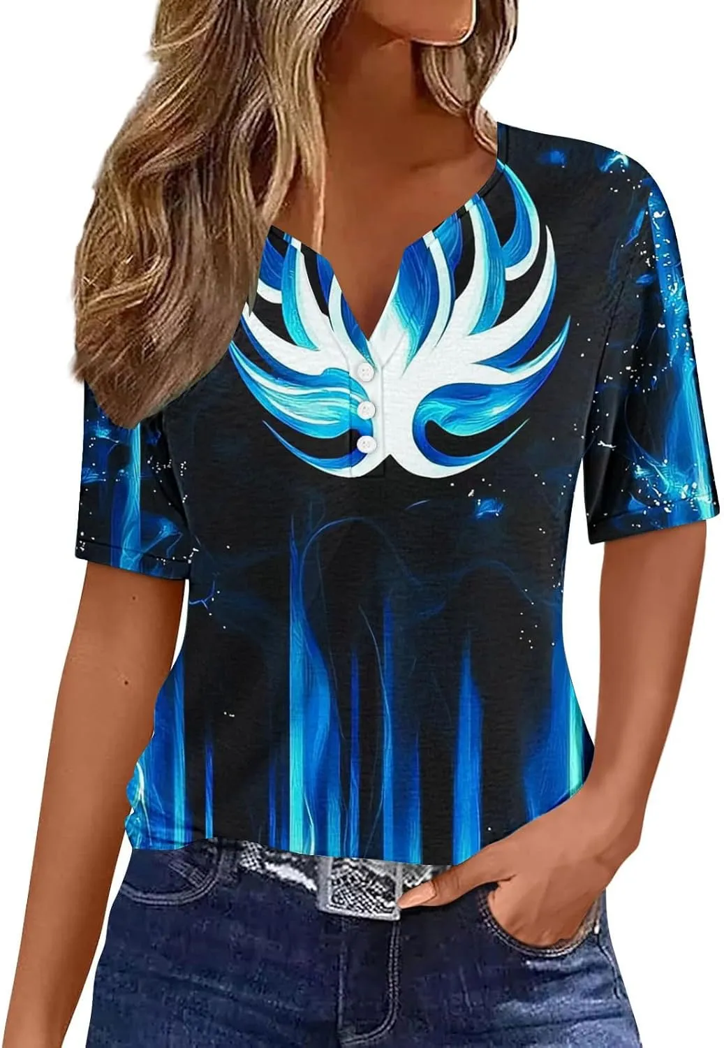 Womens Summer Tops 2025 Dressy Casual Short Sleeve Button V Neck T Shirts Trendy Cute Printed Tees Tunic Blouses