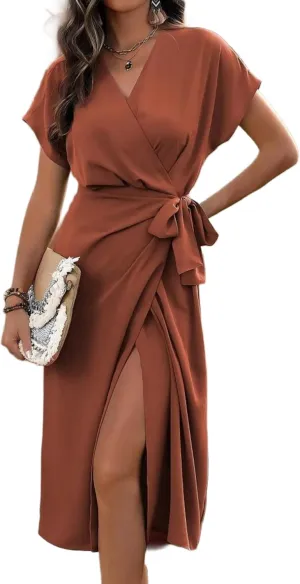 Women's Summer V Neck Wrap Dress Short Sleeve Split Casual Midi Dress