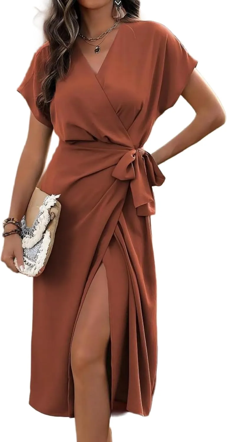 Women's Summer V Neck Wrap Dress Short Sleeve Split Casual Midi Dress