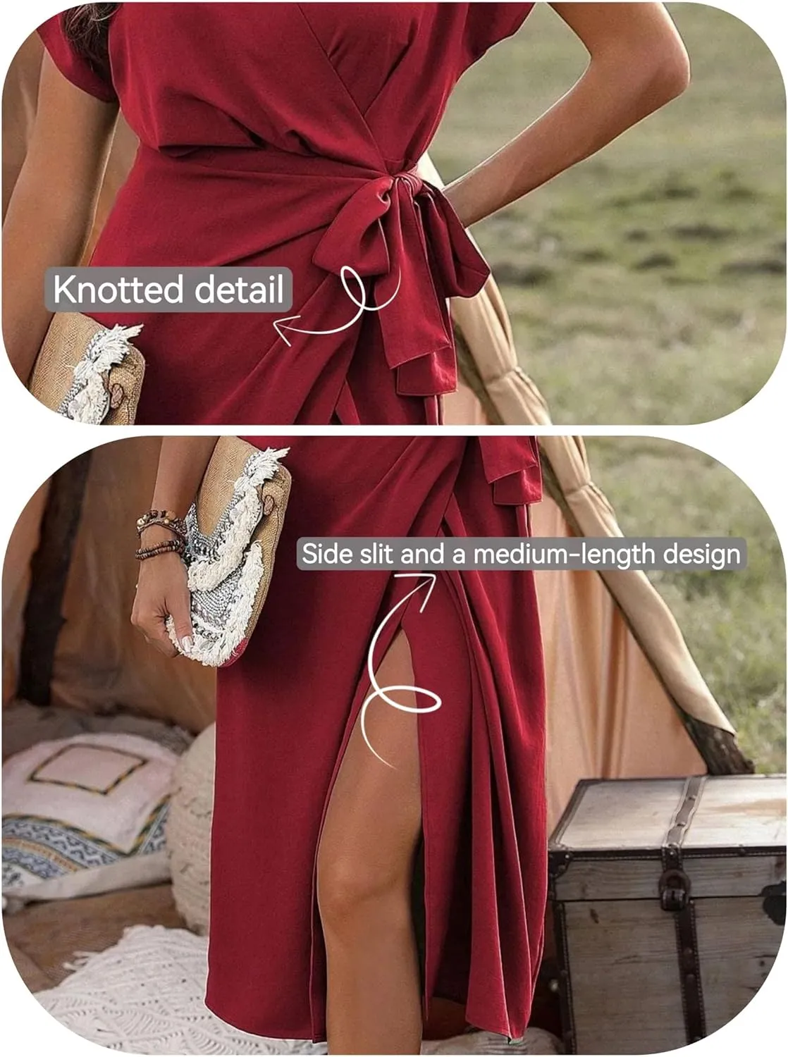 Women's Summer V Neck Wrap Dress Short Sleeve Split Casual Midi Dress