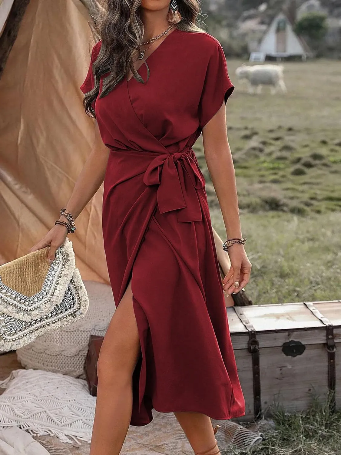 Women's Summer V Neck Wrap Dress Short Sleeve Split Casual Midi Dress