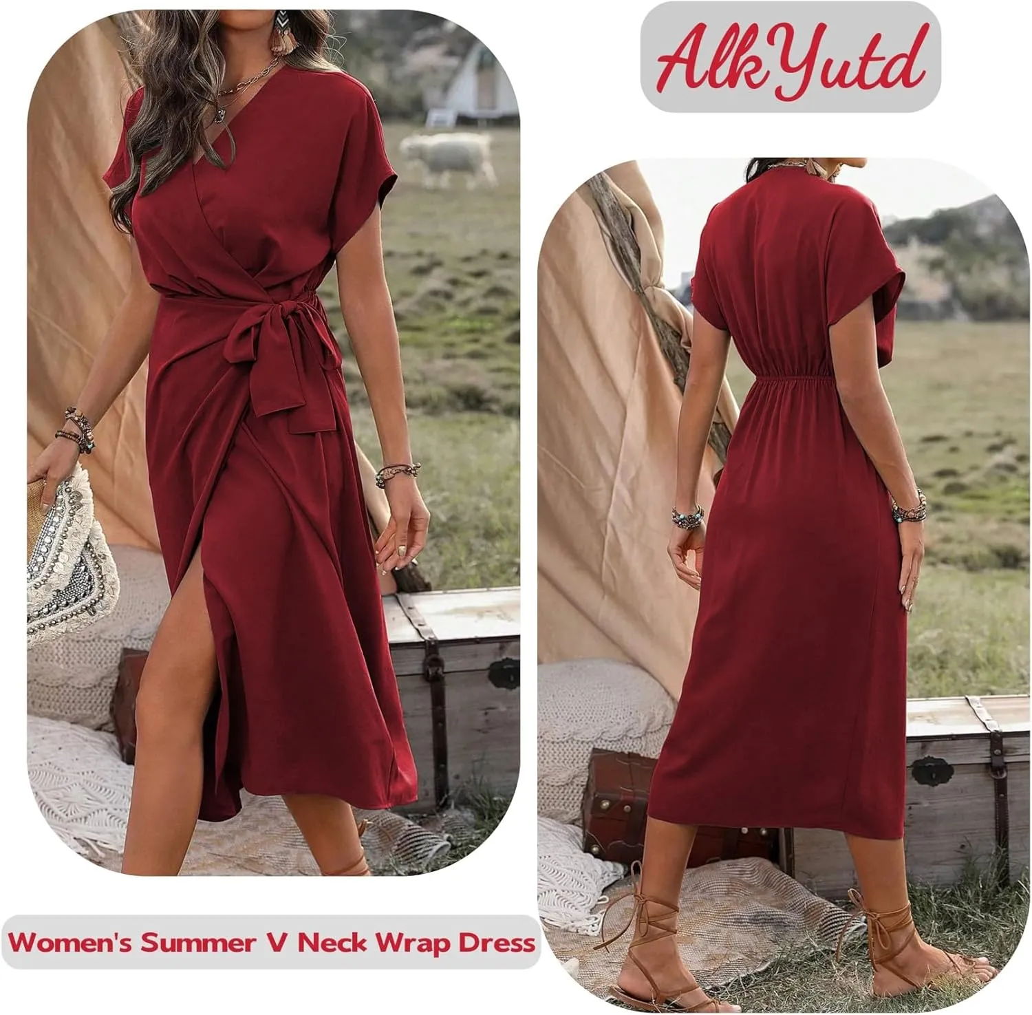 Women's Summer V Neck Wrap Dress Short Sleeve Split Casual Midi Dress