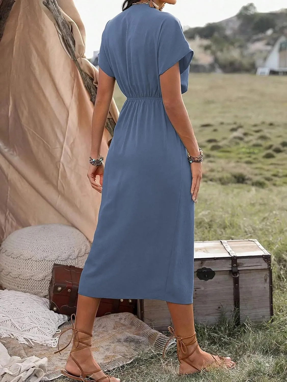 Women's Summer V Neck Wrap Dress Short Sleeve Split Casual Midi Dress