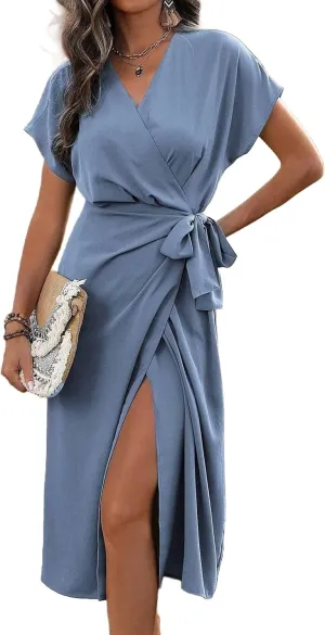 Women's Summer V Neck Wrap Dress Short Sleeve Split Casual Midi Dress