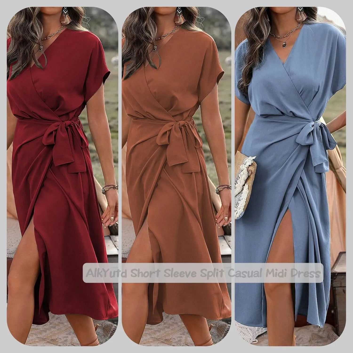 Women's Summer V Neck Wrap Dress Short Sleeve Split Casual Midi Dress
