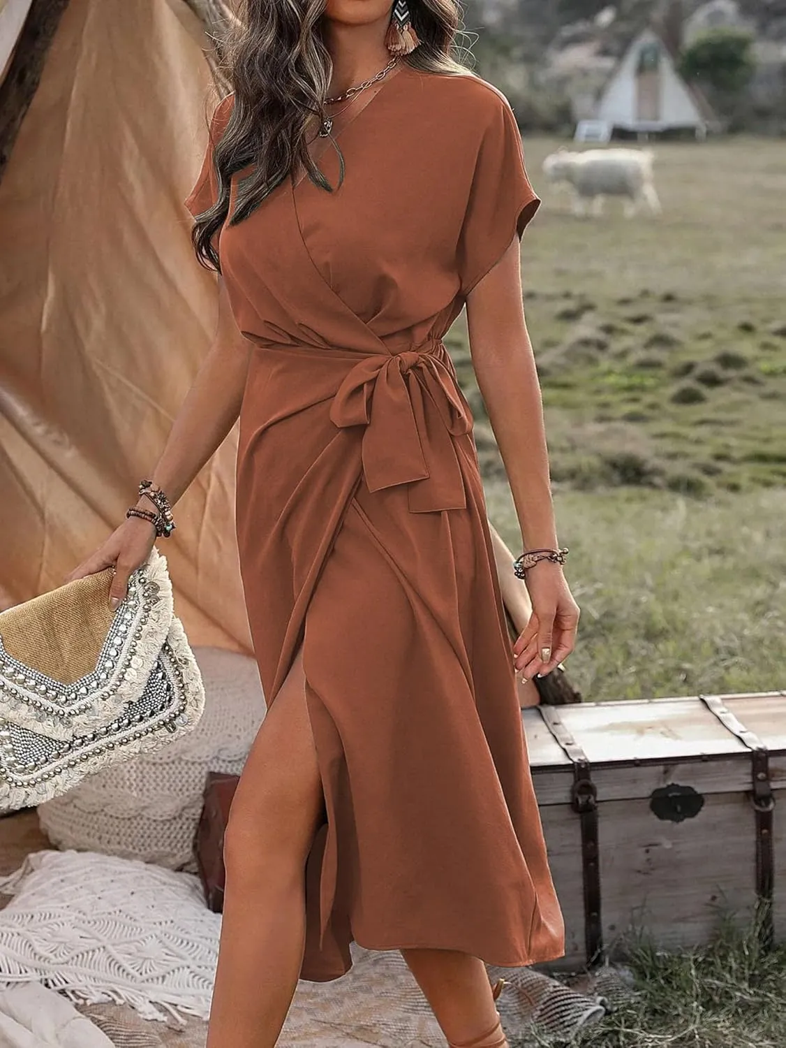 Women's Summer V Neck Wrap Dress Short Sleeve Split Casual Midi Dress