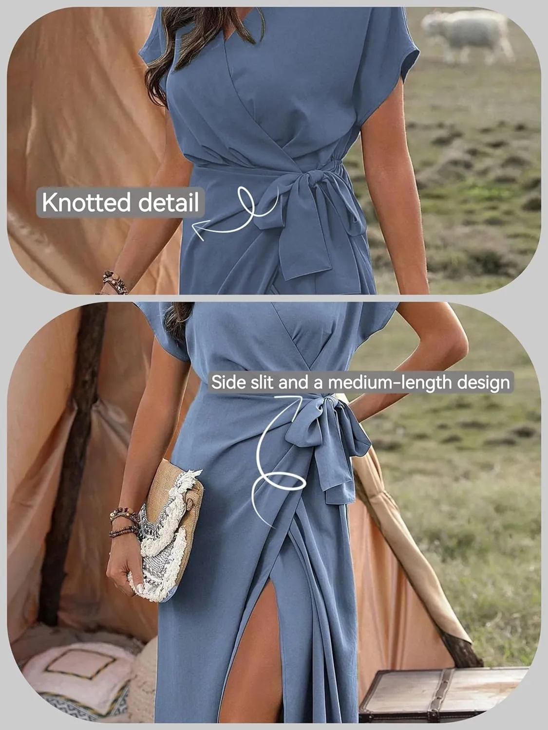 Women's Summer V Neck Wrap Dress Short Sleeve Split Casual Midi Dress