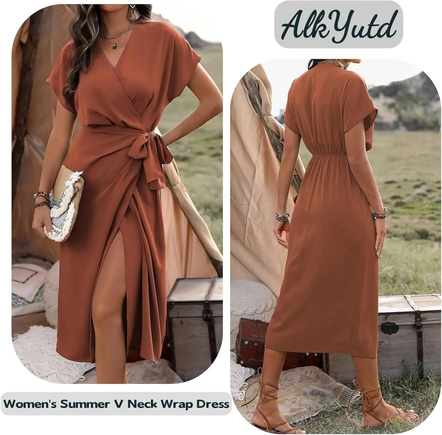 Women's Summer V Neck Wrap Dress Short Sleeve Split Casual Midi Dress